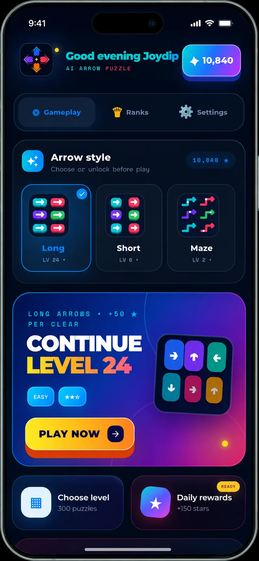AI Arrow Puzzle dashboard with modes, level progress, and daily rewards