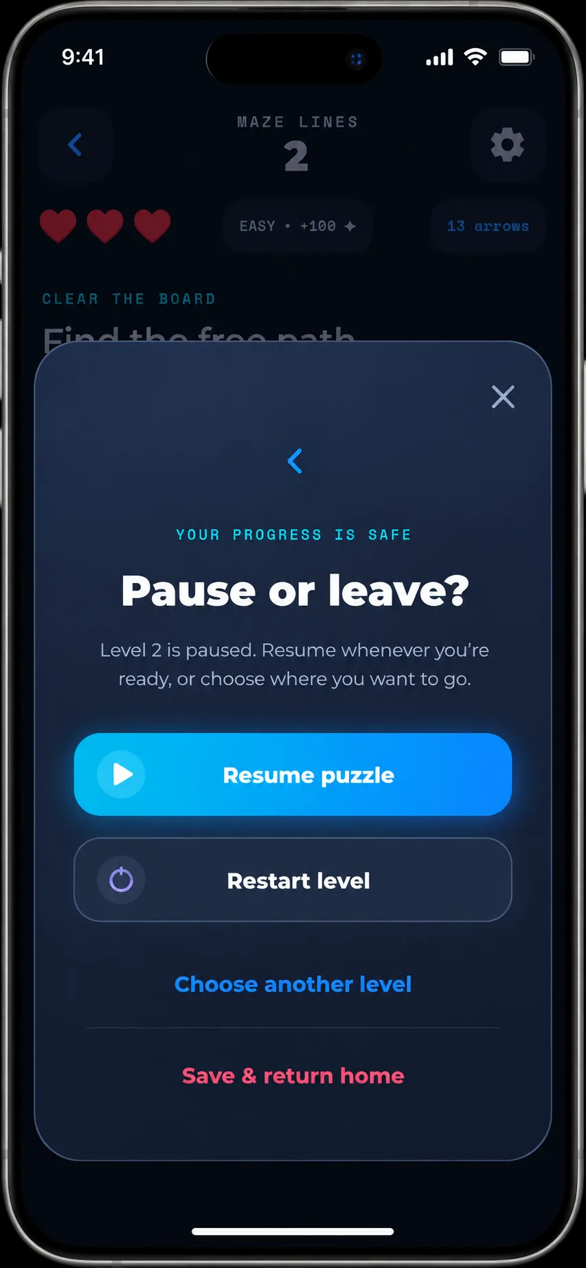 Pause panel with resume and save options