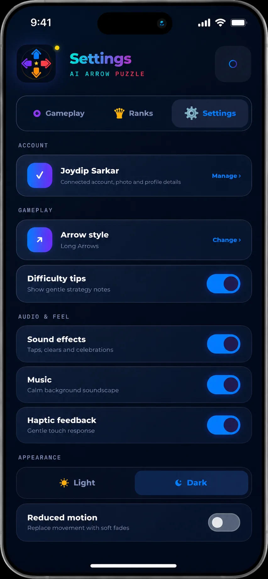 Game settings for sound, haptics, theme, and reduced motion