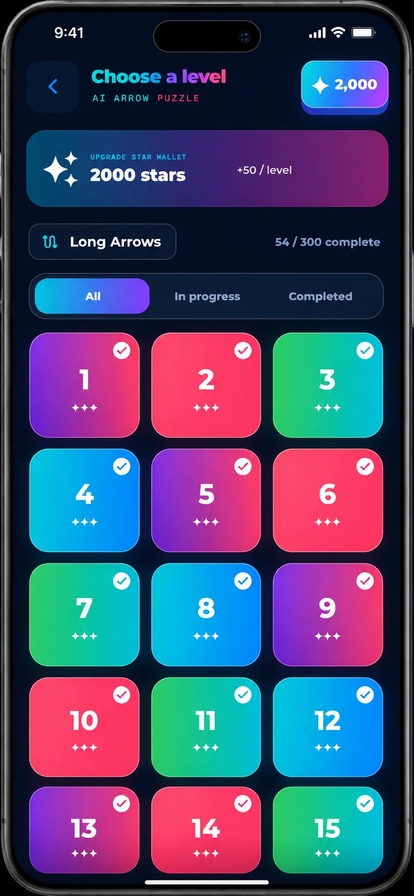 Level selection grid with progress filters